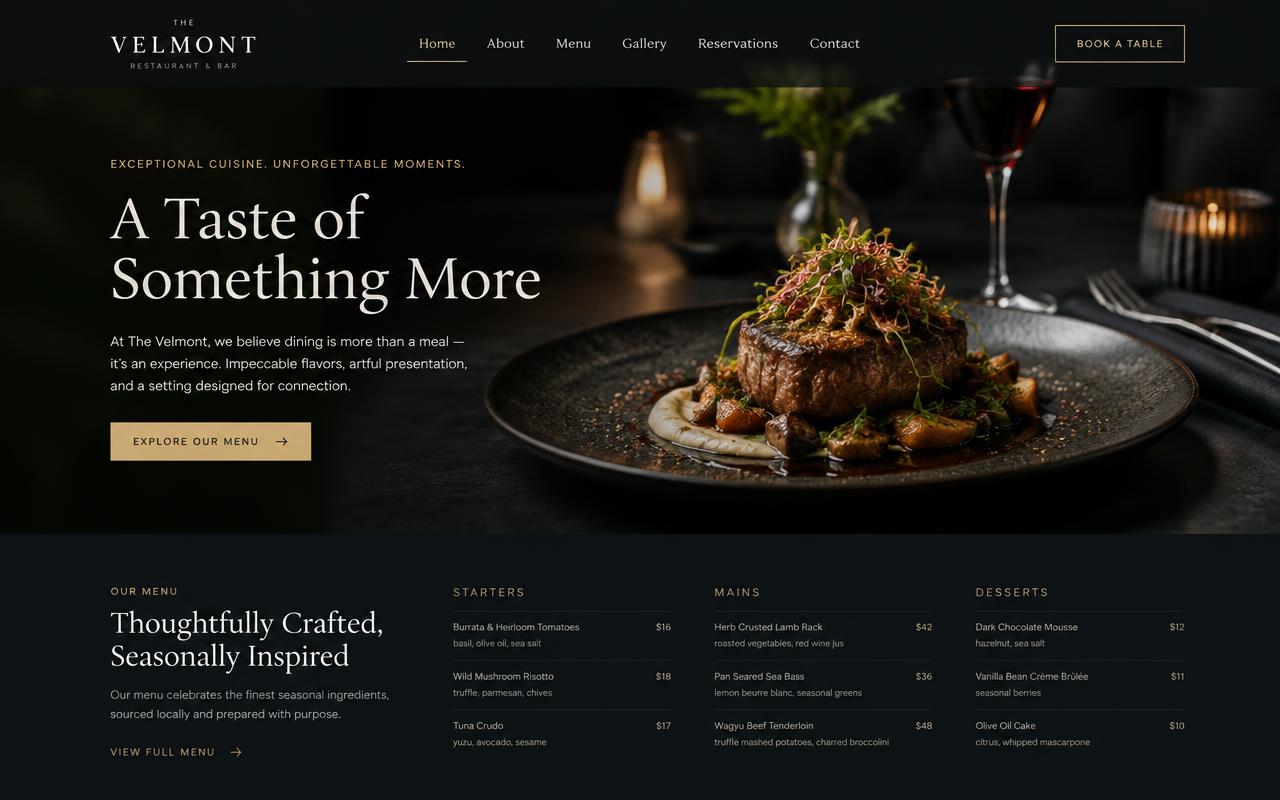 Voorbeeld van een moderne restaurantwebsite in een browservenster